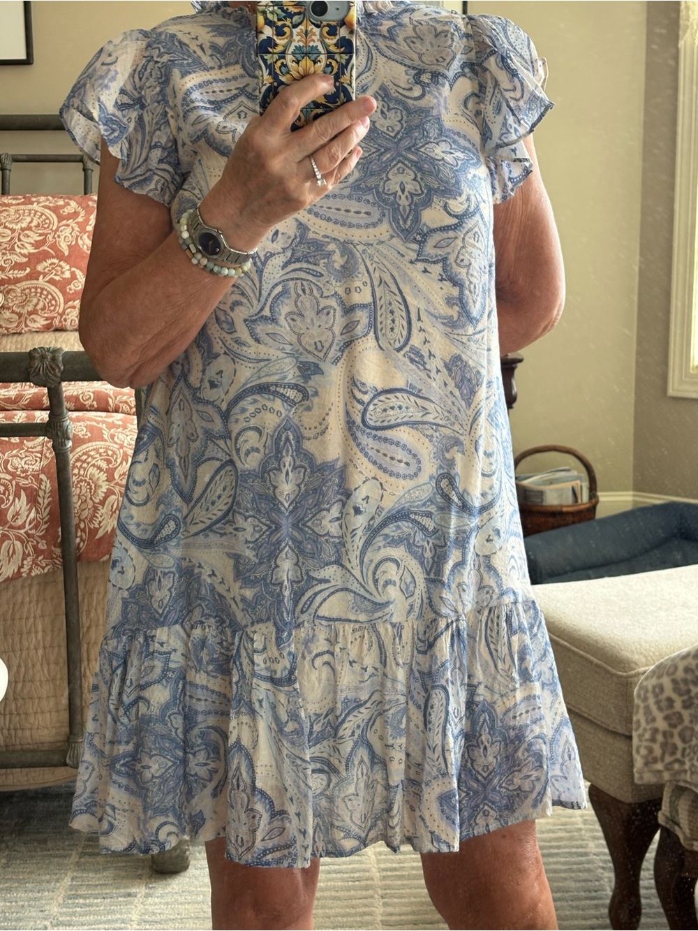 Women’s Blue Paisley Flutter Sleeve Dress - Lightweight Lined with Pockets